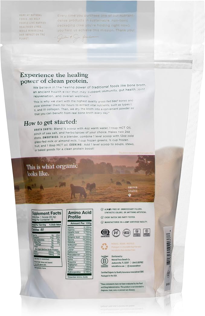 Natural Force Grass Fed Organic Whey Protein Powder 5 Pound A2 Protein Pure Organic Bone Broth Protein Powder 10.8 oz