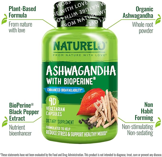 NATURELO Ashwagandha Organic Root Powder - Natural Herbs Supplement for Fatigue Stress Relief Mood Enhancer - with Black Pepper Extract - 90 Vegan Capsules