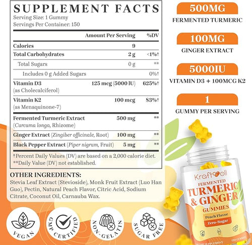 5 Month Supply Turmeric and Ginger Gummies with Black Pepper Fermented Turmeric for Joint Comfort &amp Mobility Sugar-Free with Vitamin D3 + K2 Natural Peach Flavor – 150 Gummies