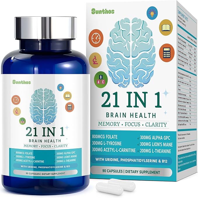 Brain Supplements for Memory and Focus 21-in-1 Brain Supplement for Mental Alertness Cognitive with 300mg Alpha-GPC 300mg Lion’s Mane L-Theanine Phosphatidylserine Vitamins B6 B12 90 Capsules