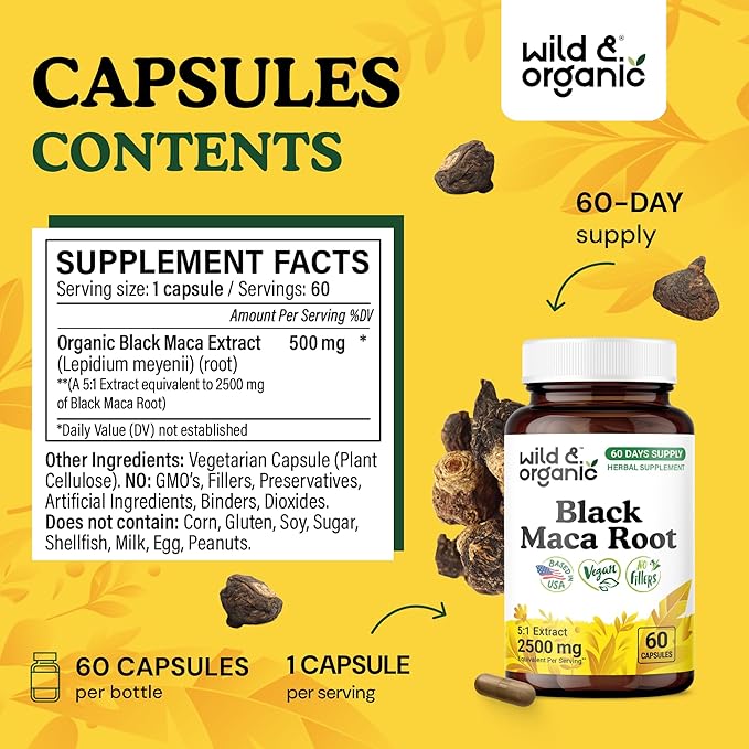 Wild &amp Organic Black Maca Root Capsules for Women &amp Men 500 mg - Maca Root Extract for Overall Support - 60 Vegan Capsules - Men &amp Women Supplement - 60 Days Supply - Non-GMO No Fillers