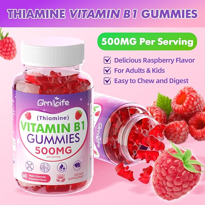 2 Pack Vitamin B1 Gummies 500mg for Adults &amp Kids – High Potency Thiamine B1 Supplement for Energy &amp Nervous System Support Sugar-Free Raspberry Flavor 120 Count