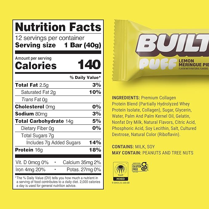 BUILT Bar Puff Protein Bars - Lemon Meringue Pie - 16g Protein Snack Bars with Collagen - Calorie Conscious &amp Gluten Free - 12 Count