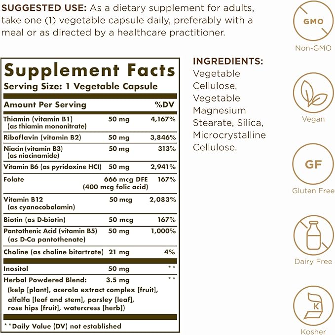 Solgar B-Complex “50” - 100 Vegetable Capsules Pack of 2 - Energy Metabolism &amp Nervous System Support - Non-GMO Vegan Gluten Free - 200 Total Servings
