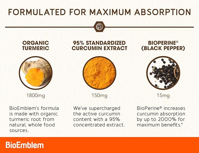 BioEmblem Turmeric Curcumin Supplement with BioPerine | Joint Support and Turmeric Curcumin with Clinically Studied TurmiPure Healthy Immune System Turmeric Supplements