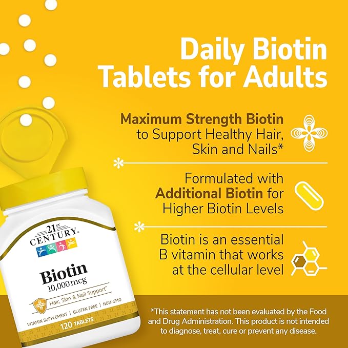 21st Century Biotin 10000 mcg Tablets (360 Count) High Potency Biotin Supplement Supports Hair Skin &amp Nail Health Gluten &amp Sugar-Free Daily Vitamin B7 Supplement Non-GMO