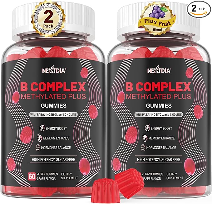 Brain &amp Mood Support Gummies Super Vitamin B Complex for Men &amp Women All B Vitamin B1 B2 B3 B5 B6 B7 Folate MethyB12 with PABA Inositol Choline Supports MTHFR Gene &amp Energy Vegan 12