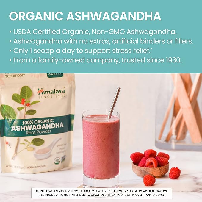 Himalaya 100% USDA Certified Organic Ashwagandha Root Powder Herbal Supplement Supports Relaxation Stress Relief Energy Occasional Sleeplessness Non-GMO Vegan Flavorless 7.9 Oz Bag