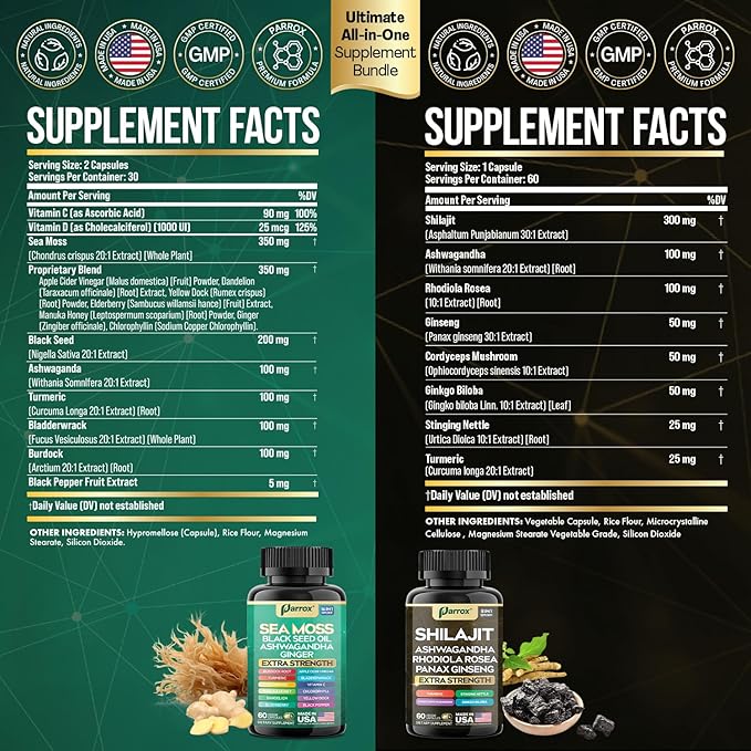 Collagen &amp Sea Moss Shilajit Capsules Bundle – 30-Day Supply – Collagen Peptides I II III V X + Biotin Hyaluronic Acid – Sea Moss Shilajit Ashwagandha Rhodiola Ginseng
