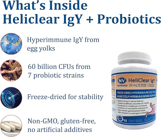 Heliclear IgY Immunoglobulins + Probiotics – Dual-Action Formula for Premium Immune &amp Gut Health Support – Freeze-Dried Hyperimmune Egg Yolk Extract with 60 Billion CFU – 90 Capsules