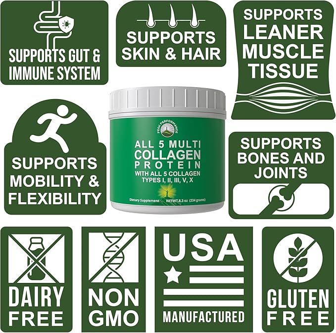 Peak Performance All 5 Multi-Collagen Protein Powder Peptides Multi-Collagen Contains All Types I II IIIV X. Keto Paleo Friendly with Hydrolyzed Bovine Marine Chicken Bone Broth Collagens