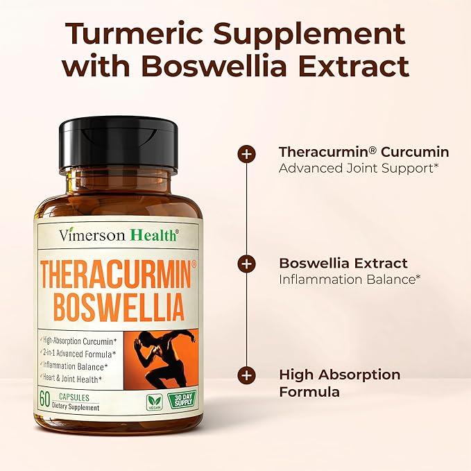 Advanced Turmeric Curcumin Supplement for Joint Support &amp Inflammation – Enhanced Absorption Theracurmin 600mg with Boswellia Serrata for Mobility &amp Recovery – Vegan Gluten Free – 60 Capsules