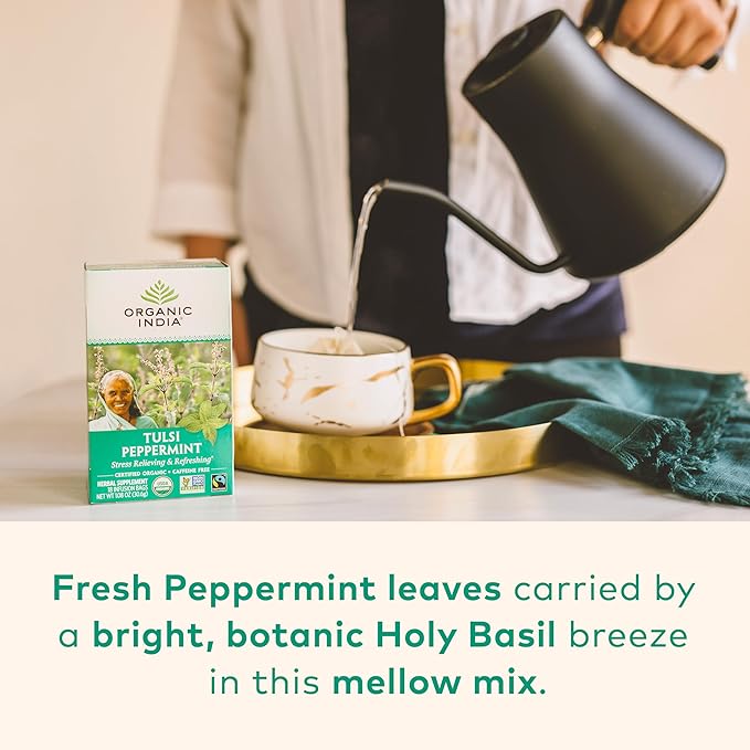 ORGANIC INDIA Tulsi Peppermint Tea - Caffeine Free Herbal Mint Tea - Stress Relieving Holy Basil Immune &amp Digestion Support Vegan USDA Certified Organic Fairtrade - 18 Infusion Bags 3 Pack
