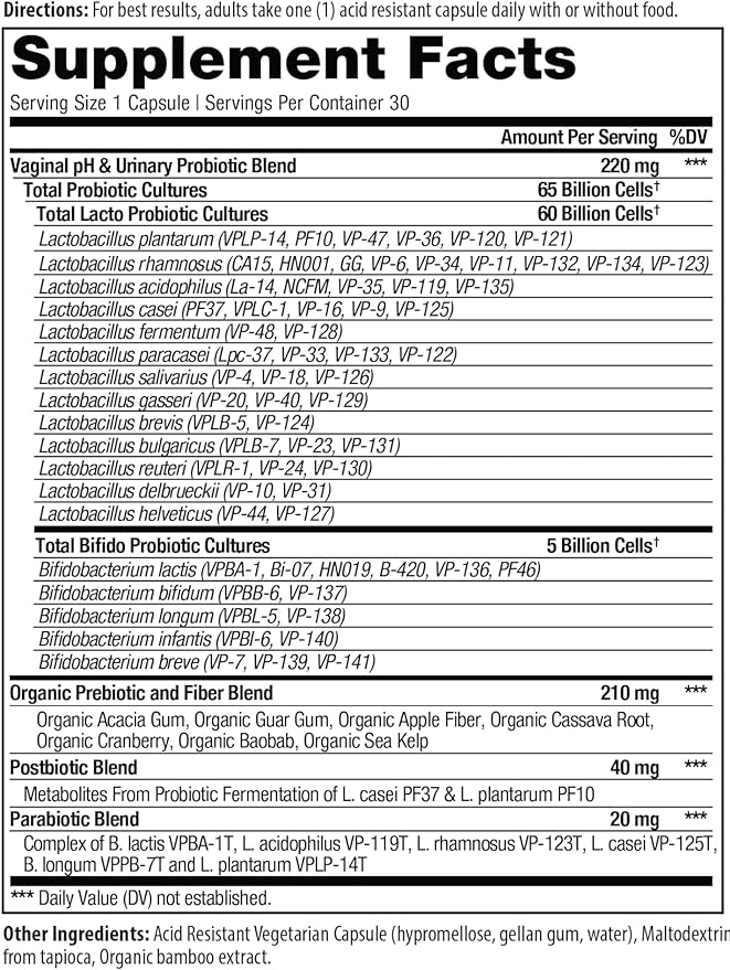 Vital Pro Naturals - Vaginal pH &amp Urinary Probiotics + Prebiotics Postbiotics Parabiotics 4-in-1 Supplement for Women High Potency 64 Strains Digestive Vaginal Urinary Immune Health 30 c