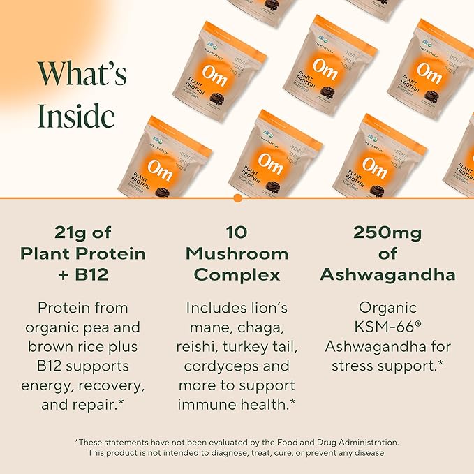 OM MUSHROOM SUPERFOOD Master Blend Vegan Protein – Organic Chocolate Plant Protein with 10 Mushrooms Ashwagandha BCAAs &amp B12 – Energy Recovery &amp Immune Support – 1.2 lb (16 Servings)