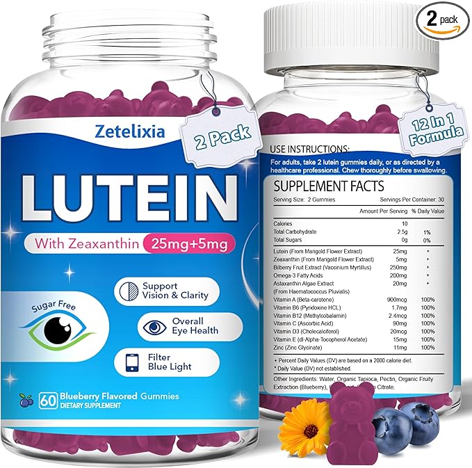 2 Pack Lutein Gummies 12 in 1 Lutein and Zeaxanthin Supplements Eye Vitamins Gummies for Adults Eye Health Supplement with Multiple Vitamin for Promoting Eye &amp Vision - 120 Gummies