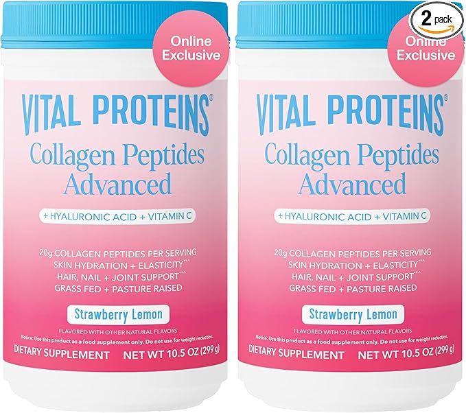 Vital Proteins Collagen Peptides Advanced Hydrolyzed Peptides with Hyaluronic Acid and Vitamin C - Strawberry Lemon Flavor Powder 10.5oz (Pack of 2)