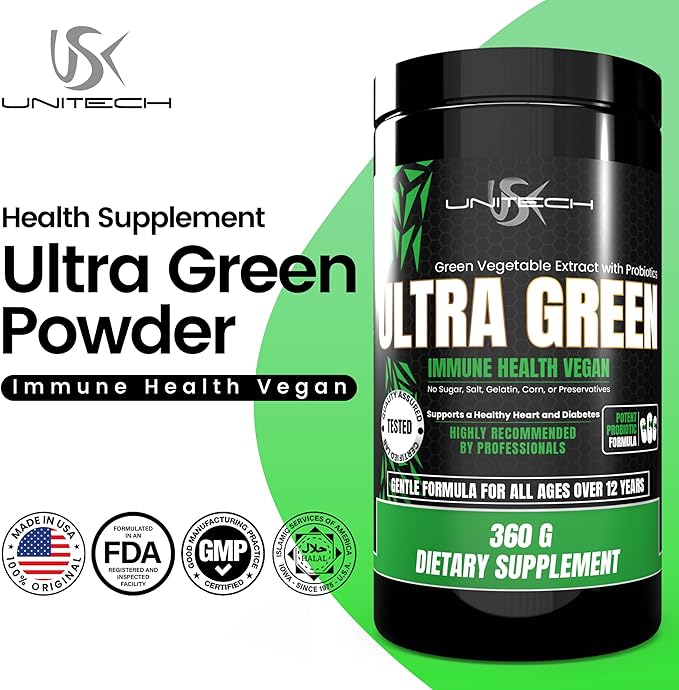 Unitech USK Ultra Green Powder | Health Supplement Immune Support and Digestive Relief | Rich with Probiotics Green Algae Seaweed and Beet Root | Gut Health Enhancement | 16 Oz