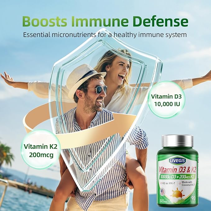 Vitamin D3 K2 Softgels D3 10000 IU with K2 (MK-7) 200 mcg with Coconut Oil Softgels Easy to Swallow 2 in 1 Vitamins D &amp K Supports Calcium Absorption Immune and Heart Health - 90 Counts