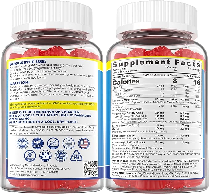 Magnesium Glycinate Gummies + Omega-3 Saffron for Kids 6+ &amp Adults Kids Focus Calm Magnesium Gummies Sugar Free Triple Magnesium Complex 500mg/250mgGlycinate Malate Taurate Theanine1P