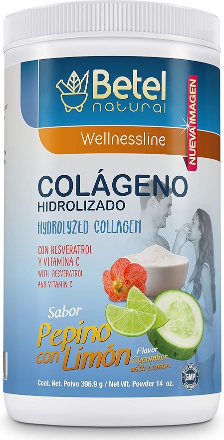 Betel Natural Premium Hydrolyzed Collagen (Colageno) Powder Healthy Skin Hair and Nails Support - Pepino con Limon Flavor