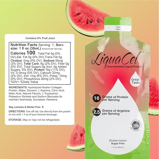 LiquaCel Concentrated Liquid Protein Watermelon Flavor 16g Hydrolyzed Collagen Protein and 2.5g Arginine Per Single-Serving Packet Sugar &amp Gluten Free 1fl oz Packets 30 Pack