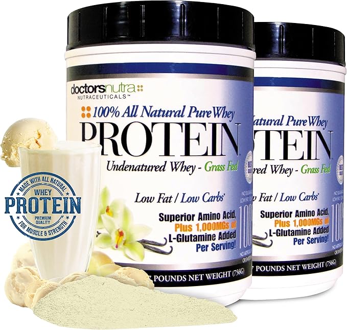 Pure 100 Percent - Undenatured Grass Fed Whey Protein by Doctors Nutra Low Carb Low Fat Rich Vanilla Flavor Nothing Artificial - Ultrafiltered Plus 1000 Milligrams L-Glutamine