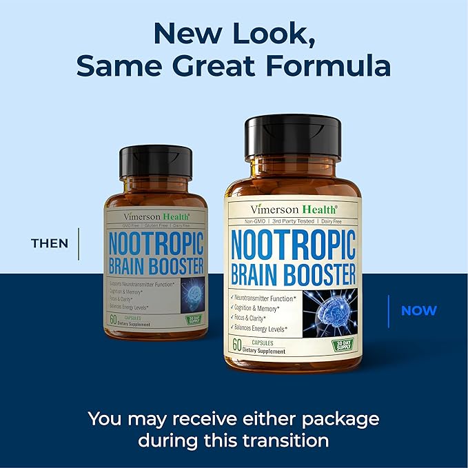 Nootropics Brain Support Supplement - Nootropic Brain Booster for Improved Focus Concentration &amp Memory. Brain Nootropic for Brain Health Mood &amp Energy Support. Non-GMO. Made in the USA. 60