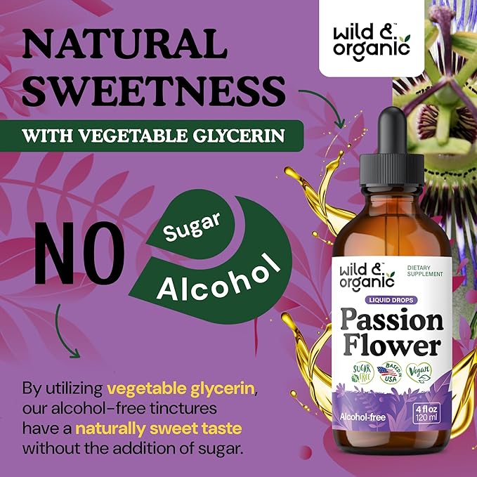 Wild &amp Organic Passion Flower Tincture - Mood Support - Calming Passionflower Supplement - Passiflora Incarnata Liquid Extract - Vegan Sugar &amp Alcohol-Free Herb Drops - 4 fl oz