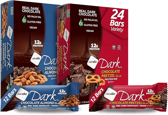 NuGo Dark Variety - Pretzel w/Sea Salt 12 bars &amp New! Chocolate Almond w/Sea Salt 12 bars 12g Protein Bar Vegan Gluten Free Non-GMO Kosher Pareve 24 count