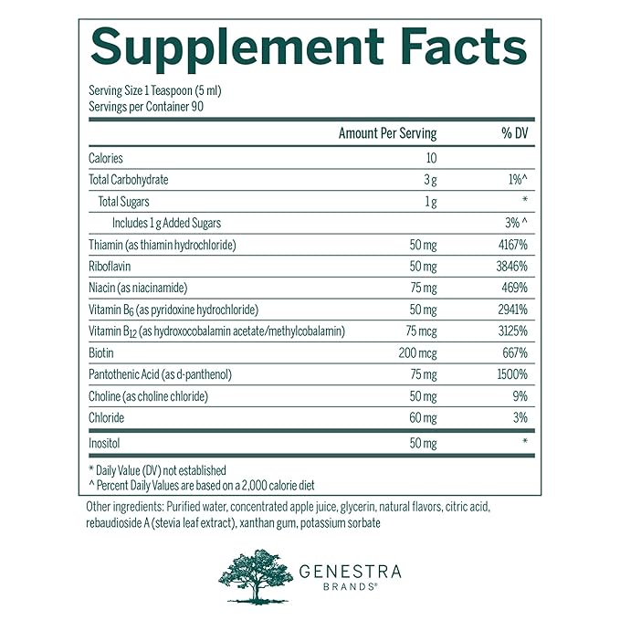 Genestra Brands Liquid B Complex | Broad Spectrum B-Vitamin Complex to Support Energy Metabolism Red Blood Cell Formation and Neurological Health | 15.2 fl. oz. | Natural Tangerine-Cherry Flavor