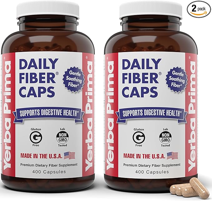 Yerba Prima Daily Fiber Caps Formula 400 Capsules (Pack of 2) - Both Soluble/Insoluble Fiber with Psyllium Seed Husks Acacia Gum Apple Fiber Supplement
