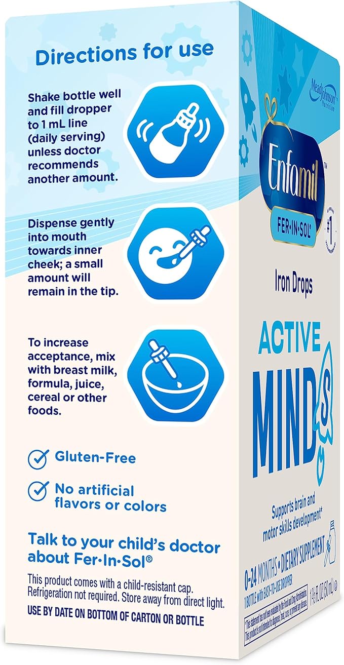 Enfamil Fer-in-Sol Iron Supplement Drops for Infants &amp Toddlers Supports Brain Development 50 mL Dropper Bottle Pack of 3
