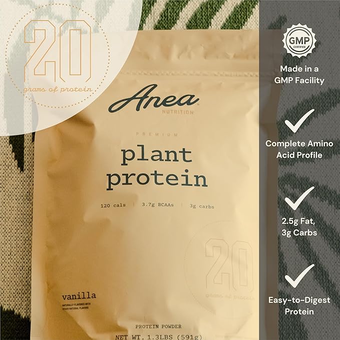 Anea Plant Protein - Vanilla | 20g Vegan Protein | Complete Amino Acids | Dairy-Free Gluten-Free Cholesterol-Free | Smooth Vanilla Flavor | Made in GMP Facility