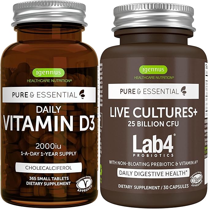 Daily Vitamin D3 + Live Cultures+ Lab4 Probiotics Bundle 365 2000iu Vitamin D3 Tablets + 25 Billion CFU Lactobacillus Acidophilus &amp Bifidobacterium with Non-Bloating Prebiotic by Igennus
