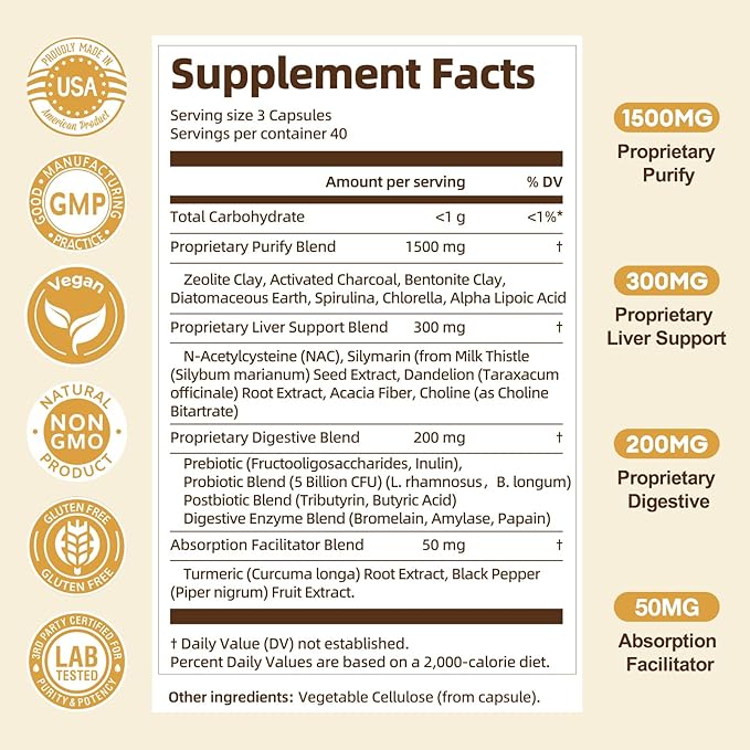 Totaria 2000MG All-in-1 Detox Binder Activated Charcoal Zeolite Bentonite Clay Alpha Lipoic Acid 7-Layer Detox &amp Cleanse Supplement Liver &amp Gut Support 120 Counts