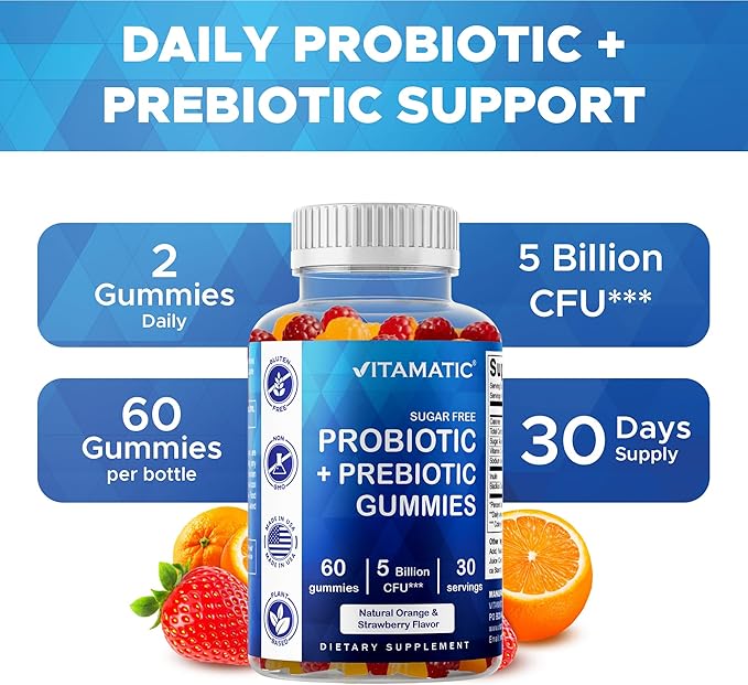 Vitamatic Sugar Free Probiotic Gummies for Men and Women – 5 Billion CFUs - 60Gummies per Bottle | 2 Pack (120 Gummies) Digestive Immune &amp Gut Health Support – Gluten Free