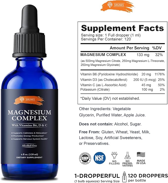 SIRUNES Magnesium Complex Liquid Drops – Magnesium Supplement with Vitamins B6 D3 &amp C – Calm &amp Relaxation Support Energy Production Nervous System Wellness – Alcohol-Free Liquid Magnesium –