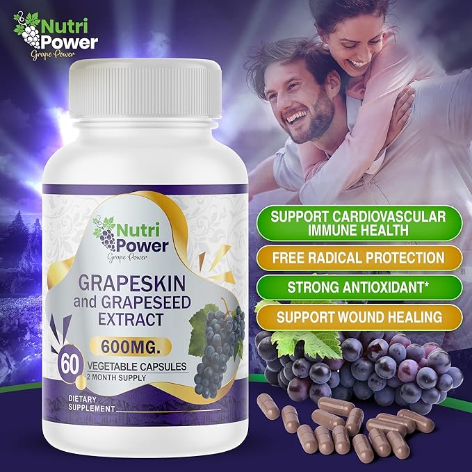 Skin &amp Grape Seed Extract Supplement 600 MG 60 Vegetable Capsules USA Source Materials Dietary Supplements Healthy Skin &amp Eyes Cardiovascular Support for Men &amp Women