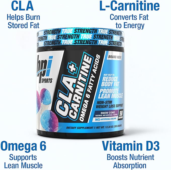 BPI Sports CLA+Carnitine – CLA L Carnitine &amp Linoleic Acid – L Carnitine Supplement for Weight Loss Metabolism &amp Lean Muscle – Caffeine Free – Snow Cone – 50 Servings – 12.34 oz