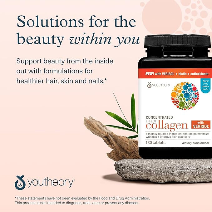 Youtheory Concentrated Effect Collagen with Verisol - Collagen Peptides with Vitamins C &amp B - Supports Hair Nails Bones &amp Joints* - 180 Tablets (60-Day Supply)