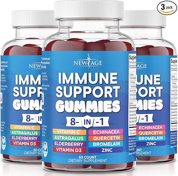 NEW AGE 8 in 1 Immune Support Booster Supplement with Astragalus Root Vitamin C and Zinc 50mg Vitamin D 5000 IU Quercetin &amp Bromelain (8 in 1 Gummies (Pack of 3))