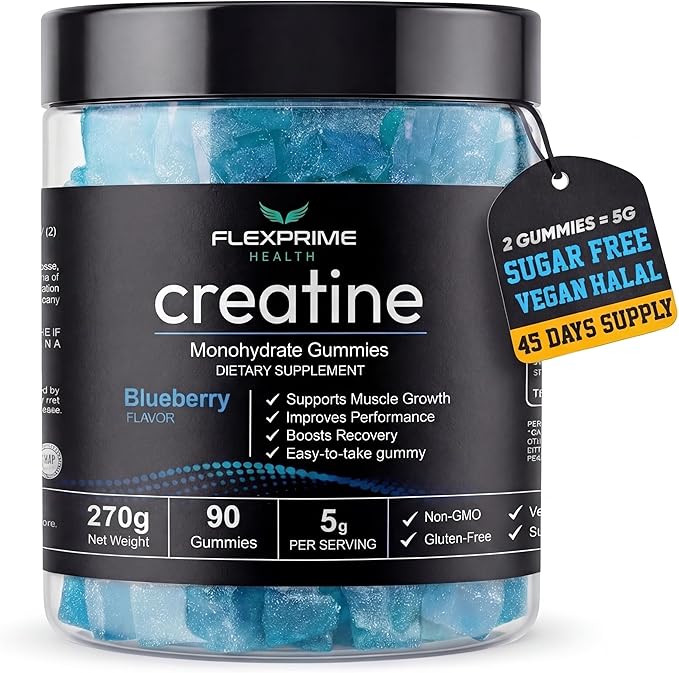 Creatine Monohydrate Gummies Sugar Free - 5g Creatine + Alpha GPC L-Taurine Betaine | Vegan Halal Blueberry Chews for Muscle Growth Brain Health | Men &amp Women 90 Count