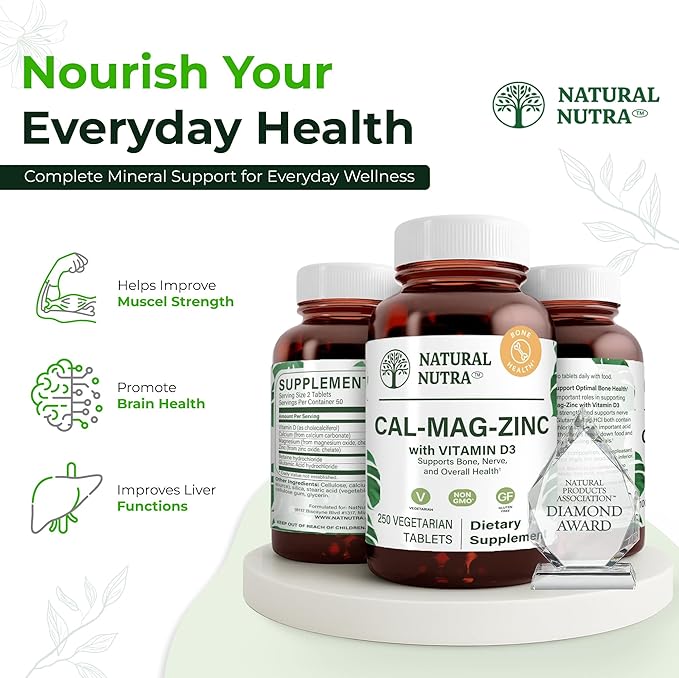 Natural Nutra Calcium Magnesium Zinc with Vitamin D3 - CMZ Supplement | Bone Strength Immune Support Muscle &amp Nerve Health - Cal-Mag Zinc Supplement - Gluten Free - Digestion Support - 250 Table