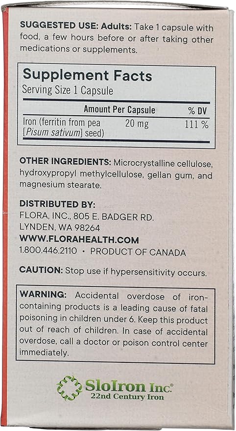 Flora Ferritin+ Delayed-Release Iron Supplement - Plant-Based Iron Supplement - Blood Cell &amp Energy Support - Vegan &amp Gluten-Free - Amber Glass Bottle - 30 Vegan Capsules