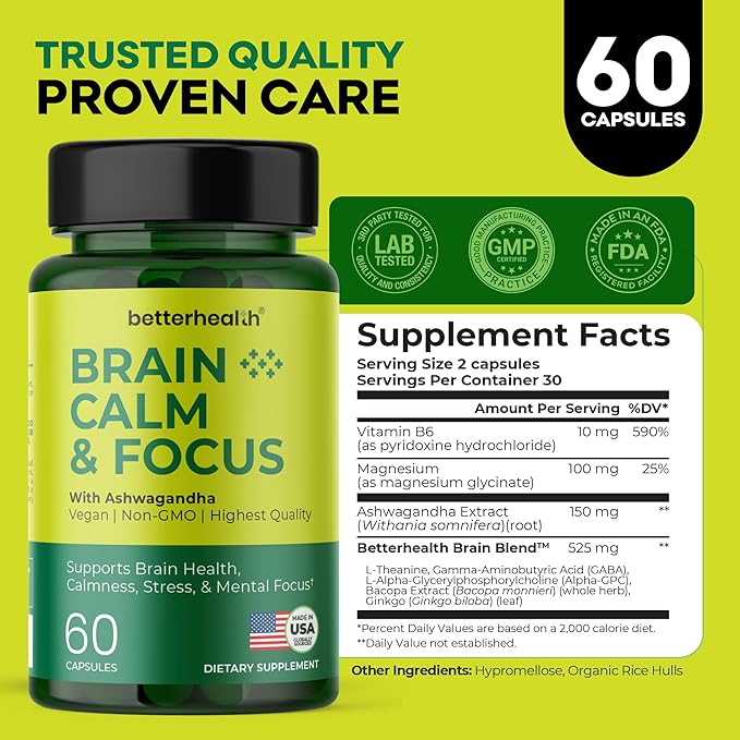 Brain Health Supplement for Memory Focus &amp Calm Cognitive Support with Ashwagandha L-Theanine Alpha GPC Bacopa &amp Ginkgo Daily Brain Support 60 Capsules