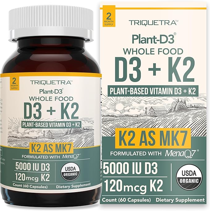 Organic Plant D3 + K2 | 5000 iu D3 + 120 mcg K2 as All-Trans MK7 from MenaQ7® - 100% Whole Food Raw &amp Vegan | Enhanced Digestion with Prebiotic &amp Superfood Complex – D3 from Organic Algae (60