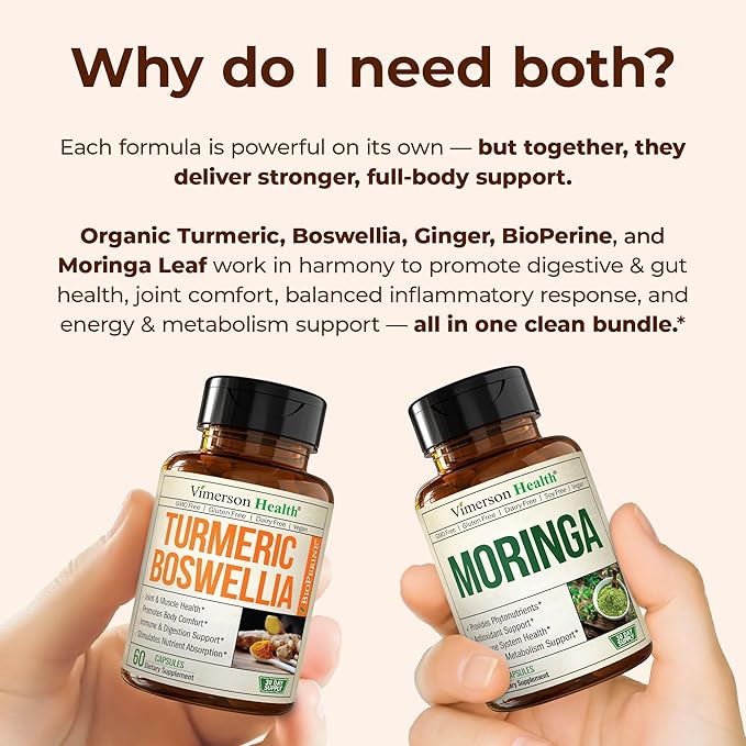 Boswellia Turmeric Curcumin Supplement + Moringa Capsules Bundle – Supports Joint Health Balanced Energy &amp Healthy Metabolism – with Ginger Root Organic Turmeric Powder and 100% Pure Moringa Pow