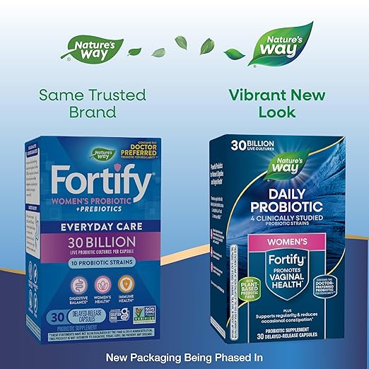 Nature's Way Fortify Daily Probiotic for Women 30 Billion Live Cultures 10 Strains Prebiotics Supports Digestive &amp Immune Health* No Refrigeration Required 30 Capsules (Packaging May Vary)