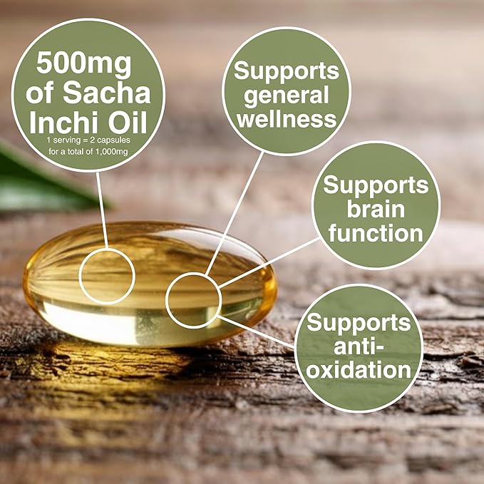 Sacha Inchi Oil Supplment 1000 mg Serving - Vegan Source of Pure Omega 3 6 9 Oils - for Supporting General Wellness Brain Function and Anti-Oxidation - 2 Month Supply